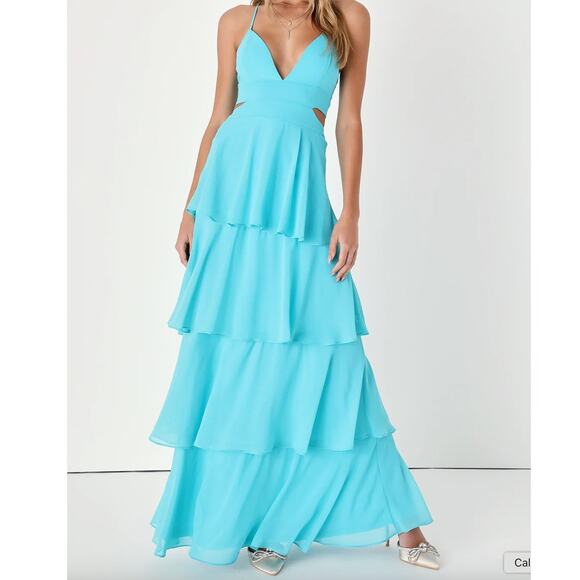 Lulus NWOT Tier and Now Blue Sash Tie-Back Tiered Plunging Cut-Out Maxi Dress - Picture 2 of 12